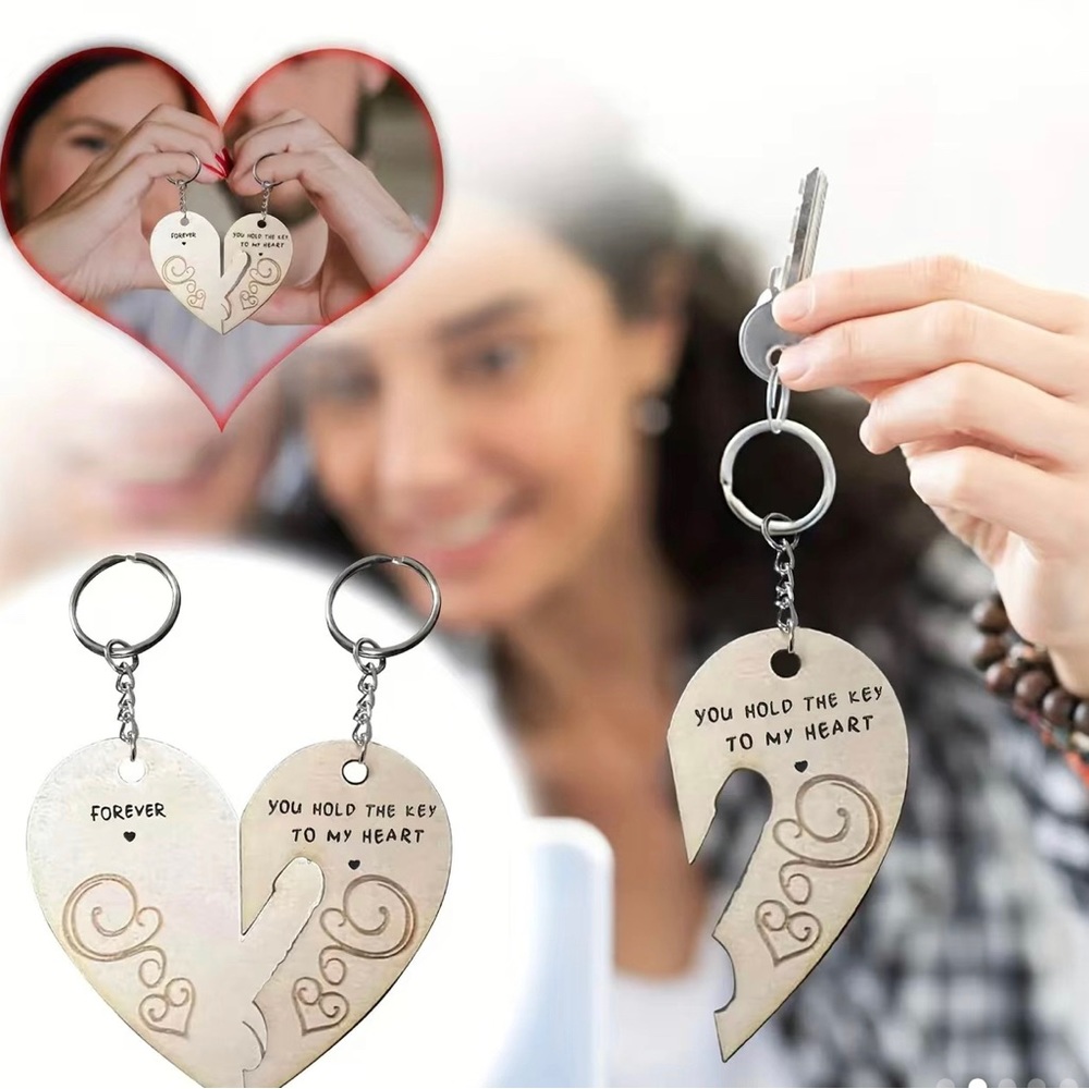“Key To My Heart” Wooden Couples Keychain Set - Picture 2 of 3